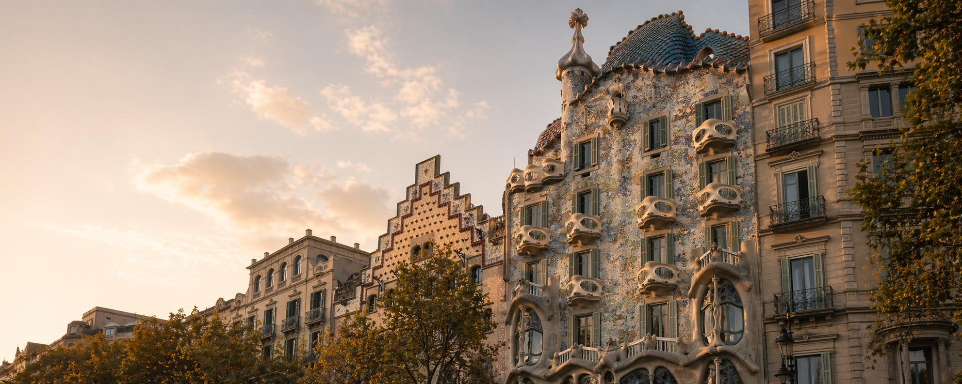 Casa Batllo in Barcelona with its Gaudi facade at golden hour